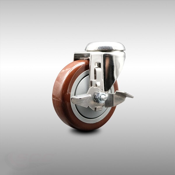 Service Caster 4 Inch 316SS Maroon Polyurethane Wheel Swivel Bolt Hole Caster with Brake SCC SCC-SS316BH20S414-PPUB-MRN-TLB - main
